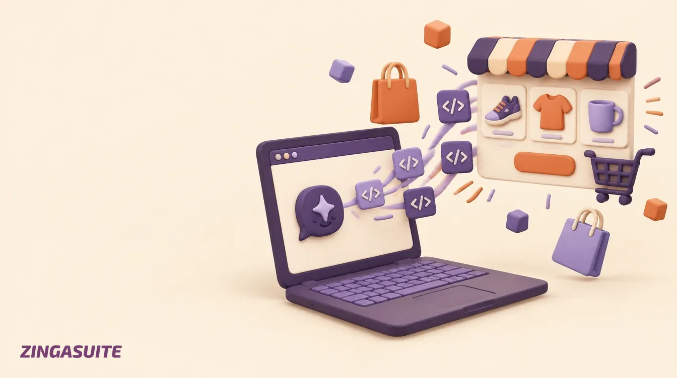 A chat bubble sending code blocks that snap together into an online storefront
