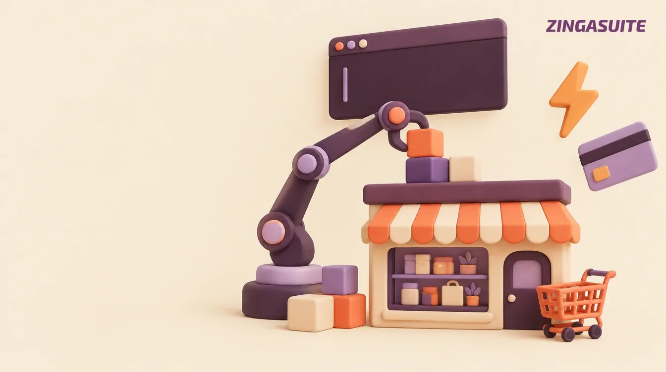 A robotic arm stacking blocks into a small shop under a terminal window