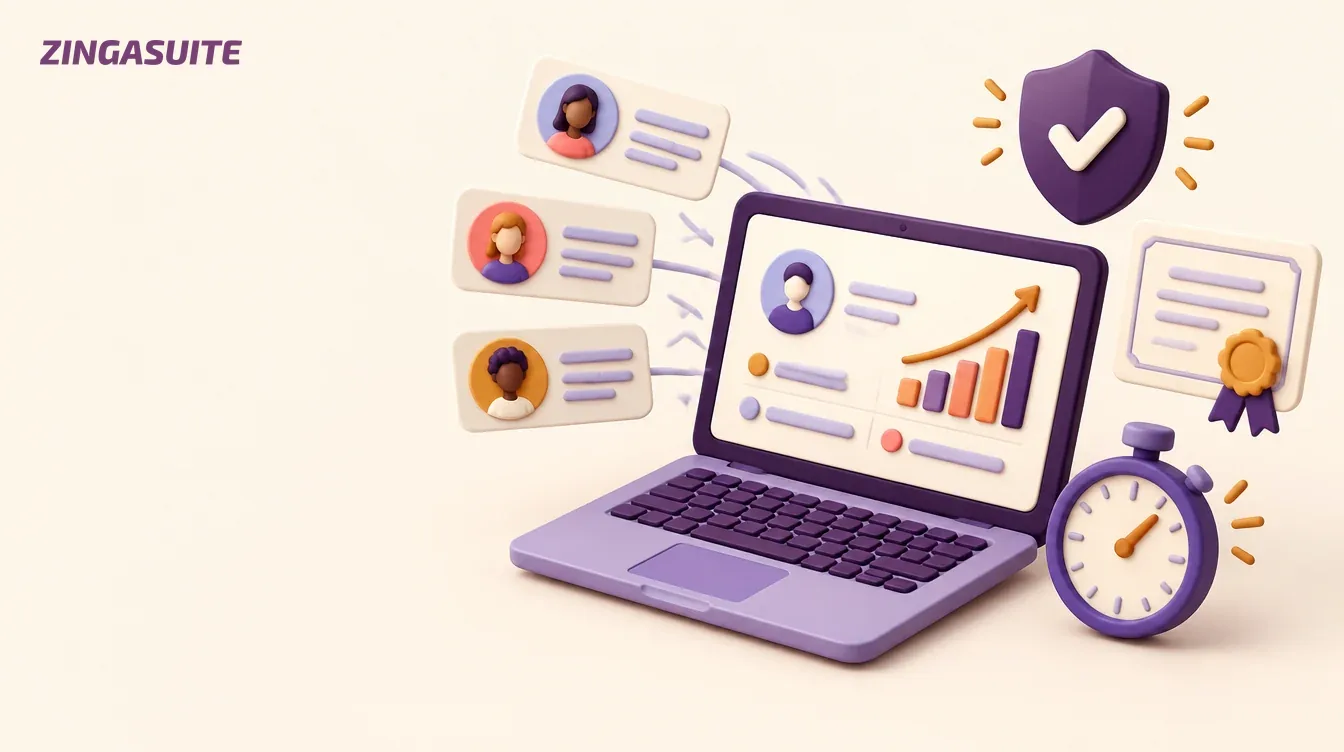Candidate cards flowing into an assessment dashboard with rising scores