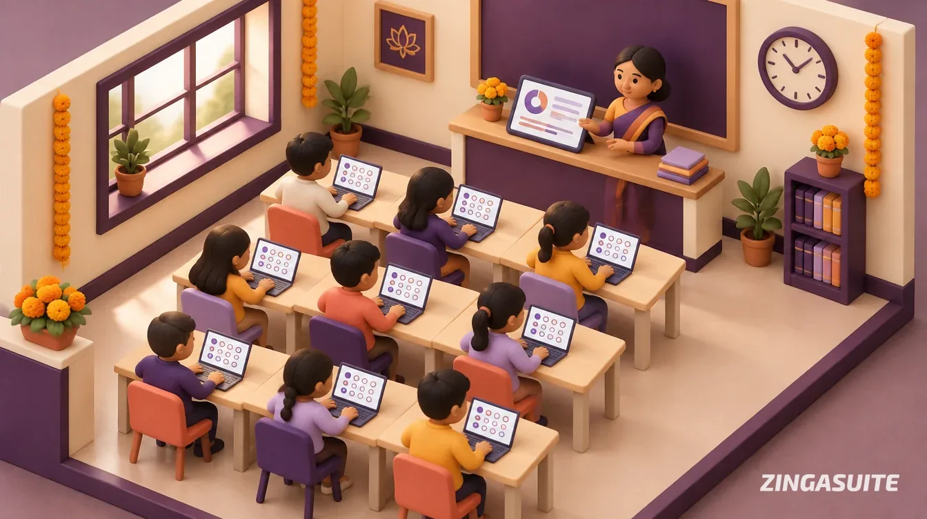 A miniature study hall with rows of students on laptops and a teacher at the front