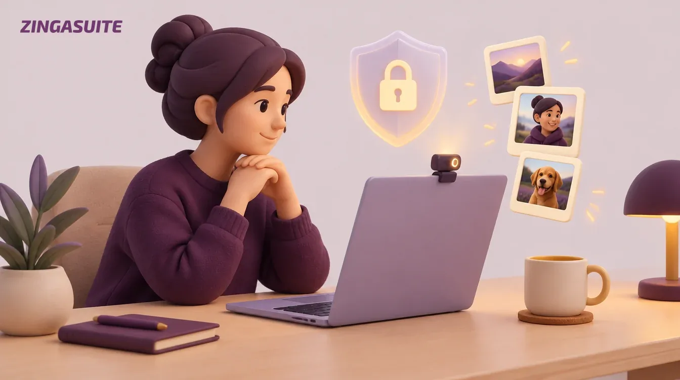 A calm candidate at a laptop with a soft webcam glow and floating snapshot frames