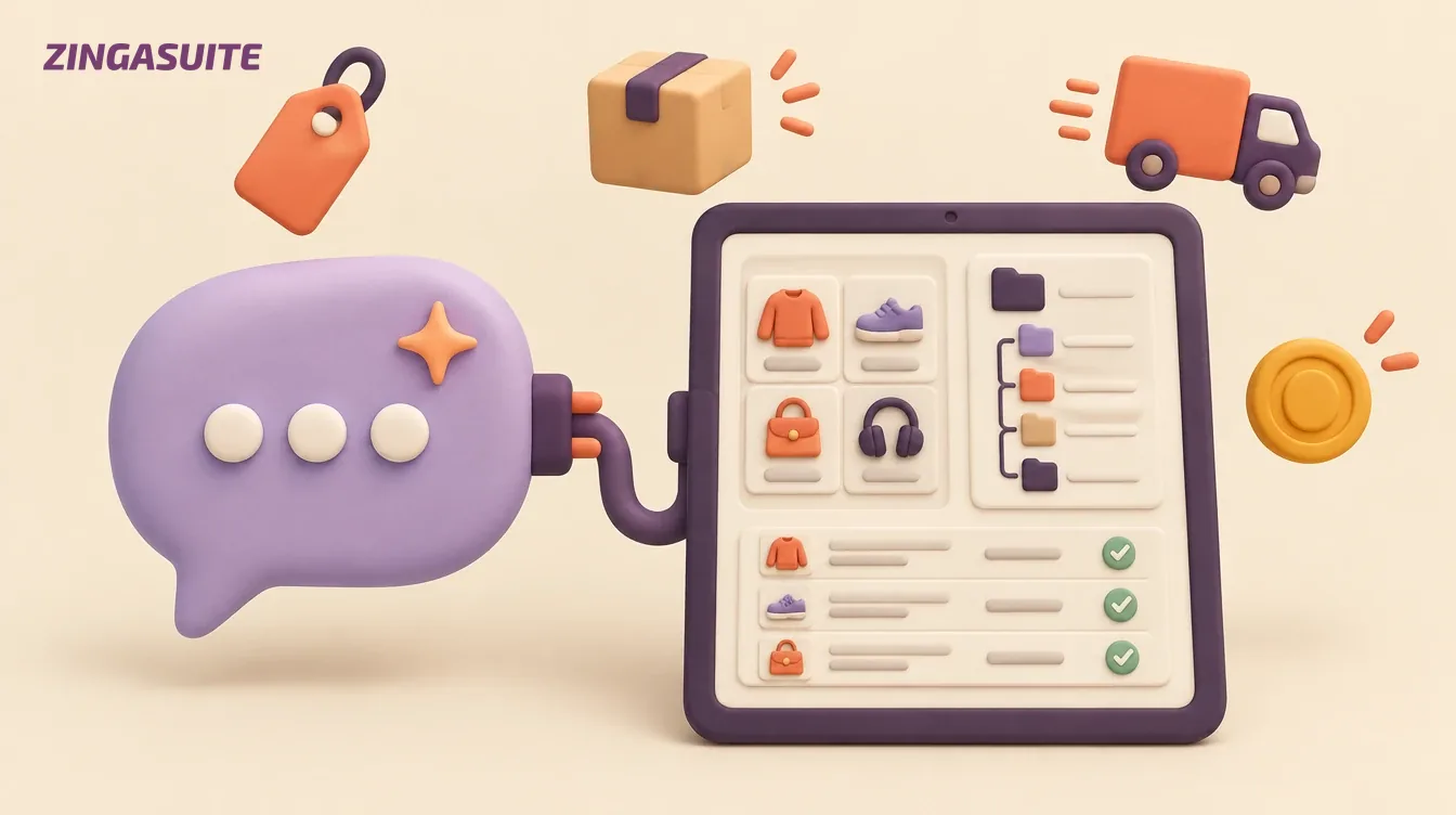 A chat bubble plugged into a store dashboard showing products, categories and orders