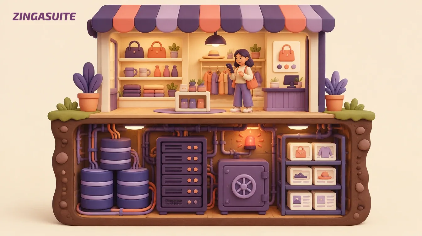 A cutaway of a small online shop: a bright storefront above, and below ground the database, server, backup safe and cached pages the shopper never sees