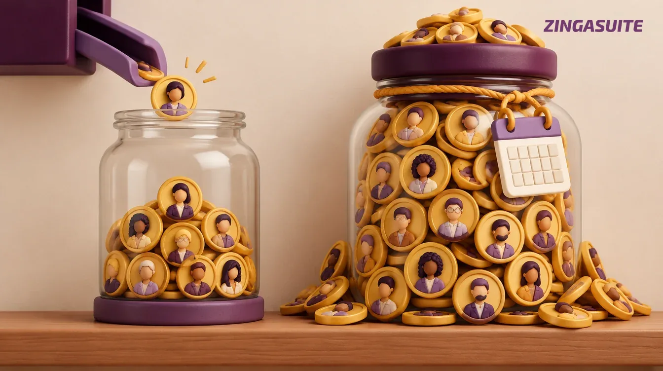A small jar filling one coin per candidate beside a heavy jar sealed with a calendar tag