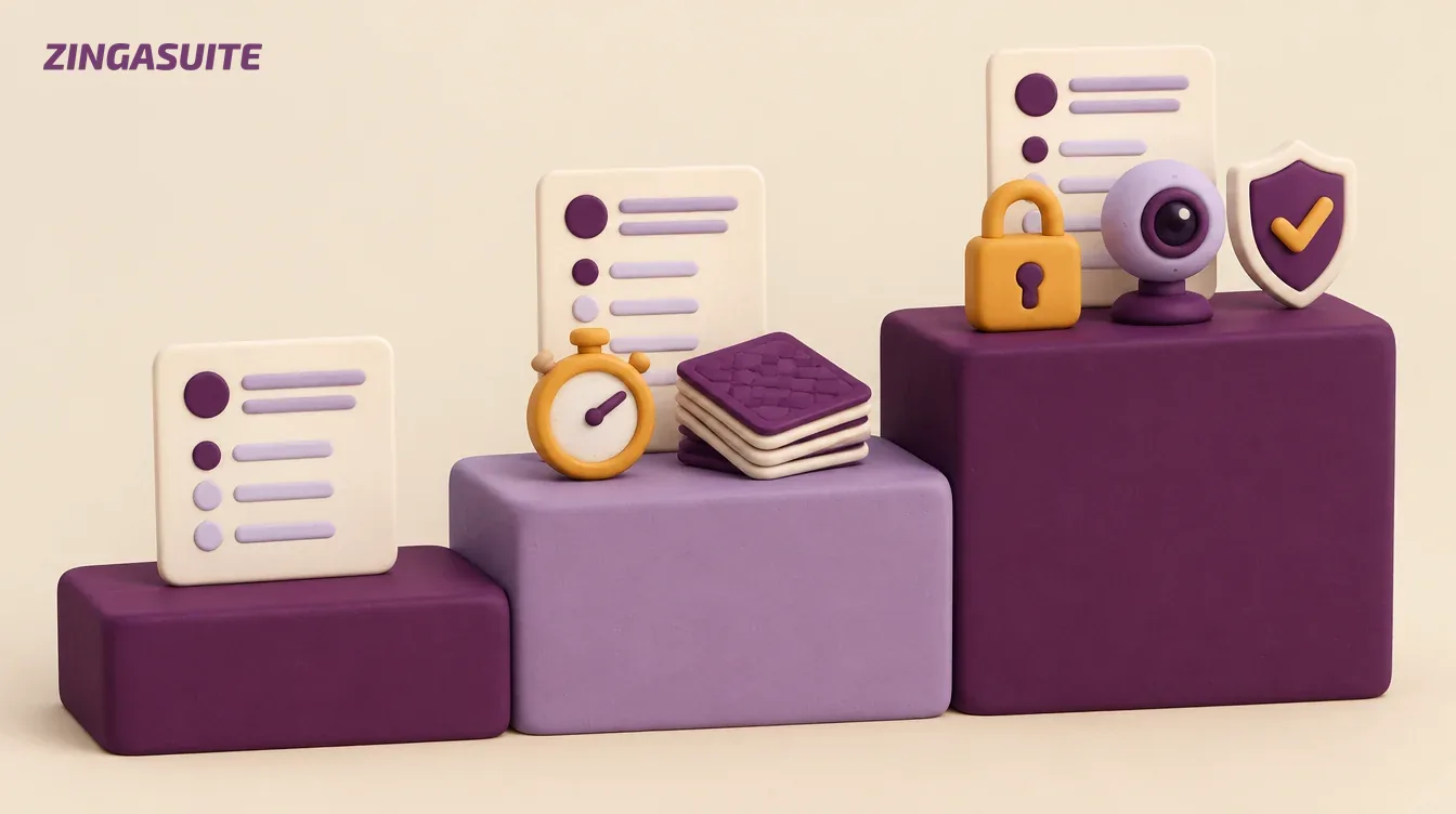 Three clay steps rising from a simple quiz to a quiz with a stopwatch to a quiz with a padlock, webcam and shield