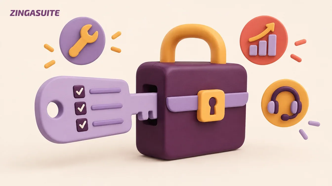 A key shaped like a checklist fitting a briefcase-shaped padlock, with job-role icons around it