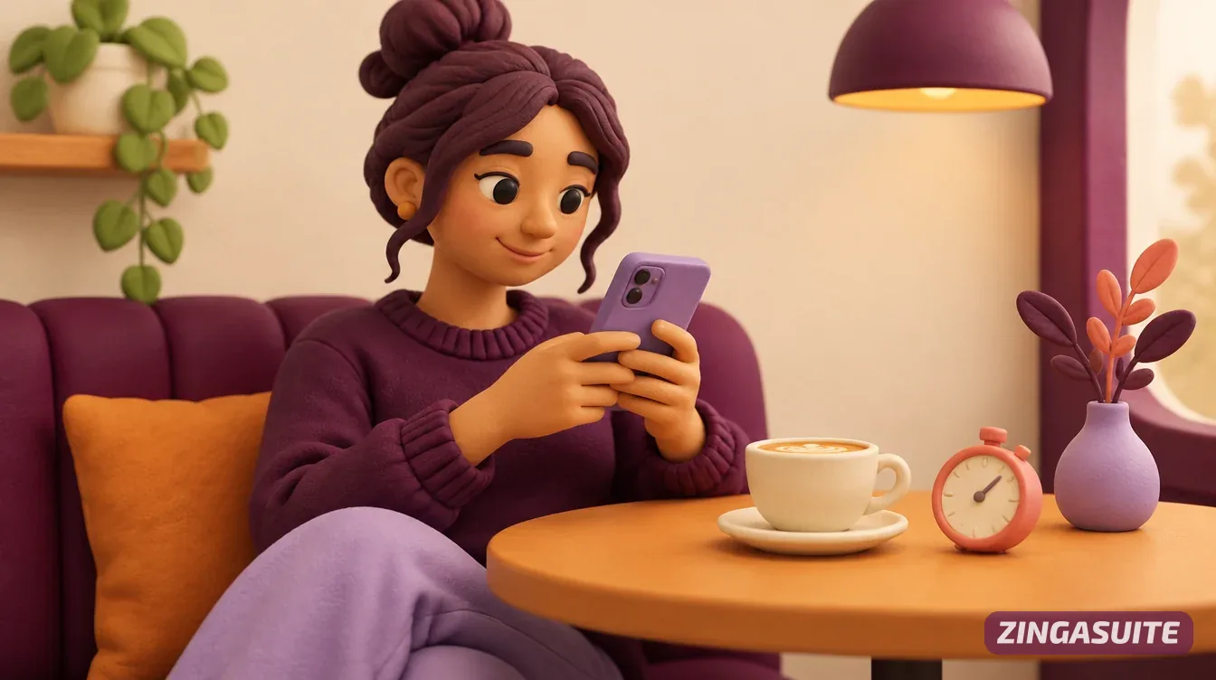 A young candidate taking a test on her phone in a café, a coffee and stopwatch on the table