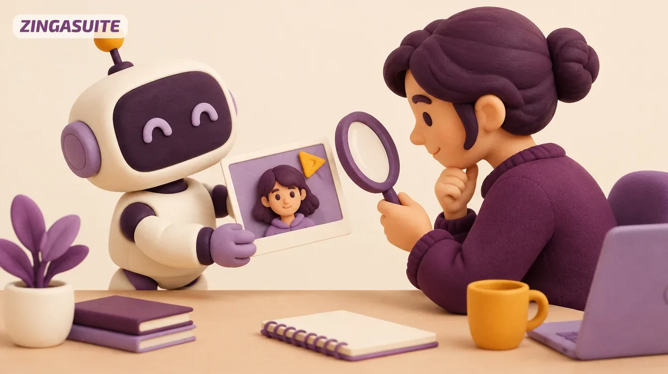 A robot hands a flagged webcam snapshot to a human reviewer with a magnifying glass