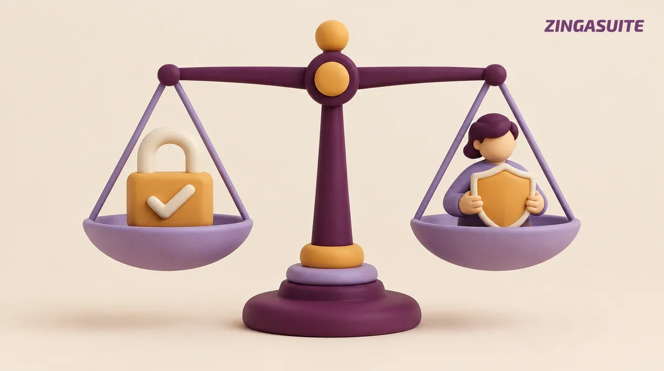 A balance scale with a padlock on one side and a person holding a shield on the other, perfectly level