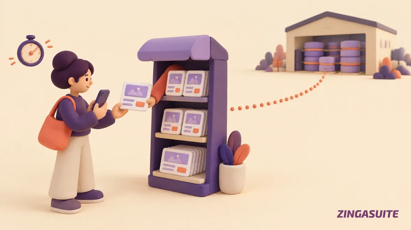 A shopper on a phone taking a ready-made page from a nearby kiosk, while the warehouse of databases sits far away