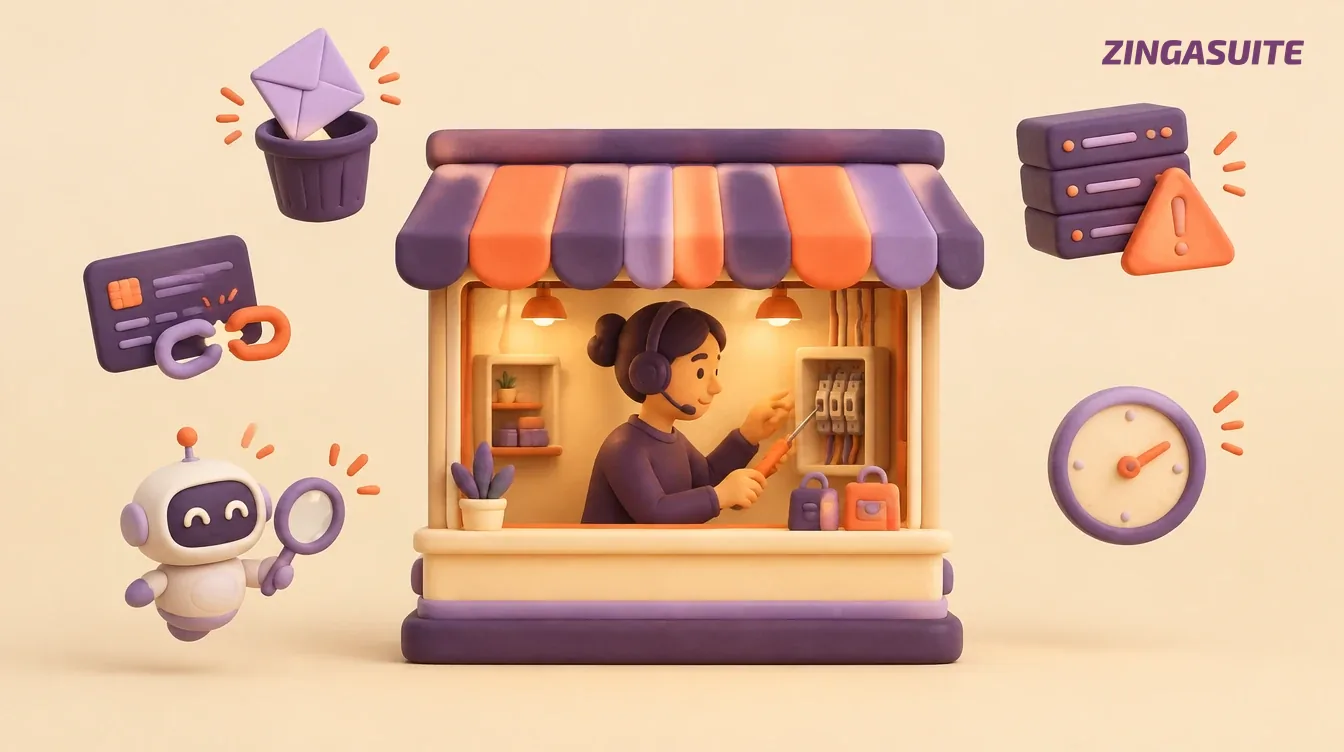 A support person in a headset fixing a fuse box behind a lit shop, surrounded by small trouble icons: an email in a bin, a broken payment link, a crawler robot and a server warning