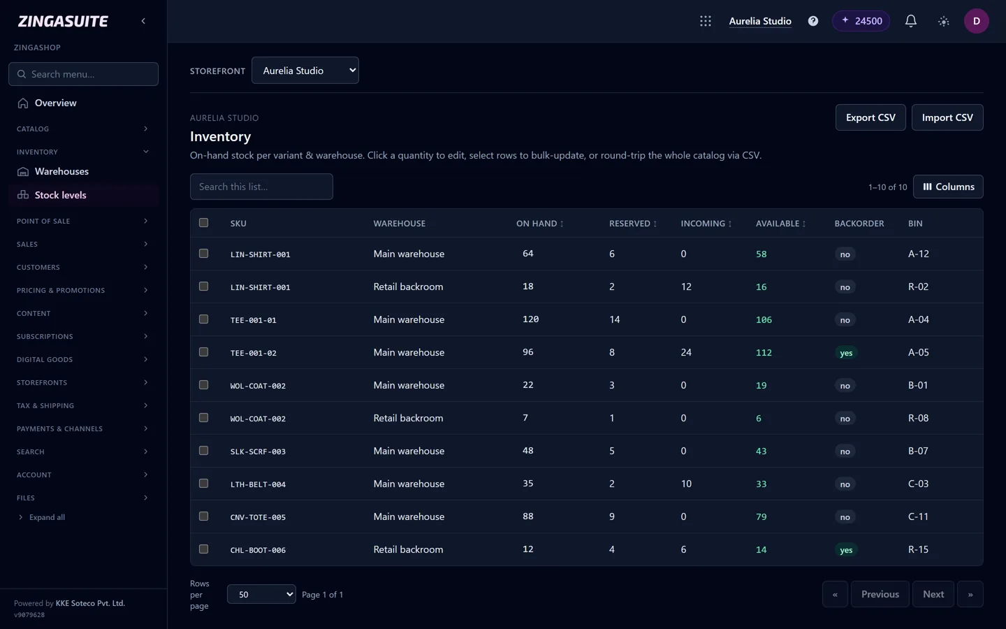 ZingaShop inventory across warehouses