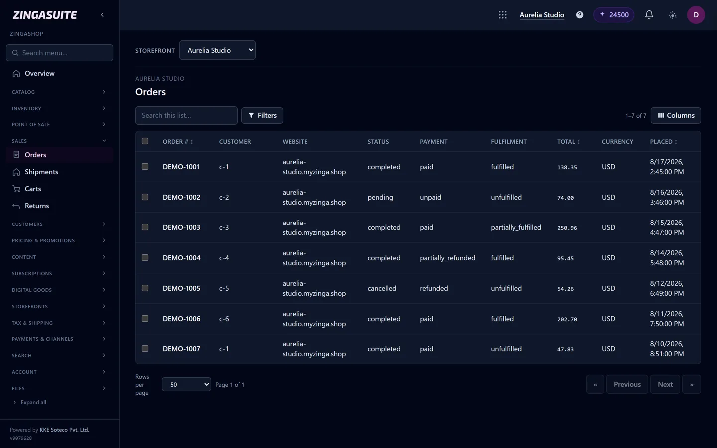 The ZingaShop orders list